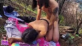 Fucking an amazing big dick in the forest during a wild Halloween outdoor romp.