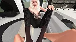 Called neighbor to jerk off his dick with legs in tights