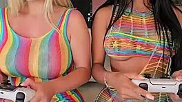 brunette and blonde teens eat pussies while gaming