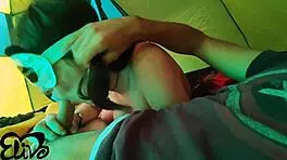 this soft titted babe sucks cock deep in the tent