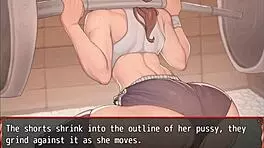 In this hentai game episode, the gym workout exposes her pussy in the harem world.