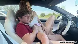 hot molly little, just eighteen, riding hard in a tesla while driving