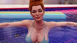 Busty redhead girlfriend lounges in her sexy blue bikini, teasing with her ample boobs and cute outfit.