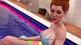 Busty redhead girlfriend lounges in her sexy blue bikini, teasing with her ample boobs and cute outfit.