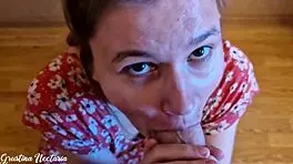 Russian gf sucks monster cock in pov with tanned skinny body and long hair