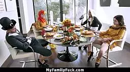 The stepfamily gathered around the dinner table for a wild foursome, exploring forbidden pleasures with father-in-law, mother-in-law, and uncle