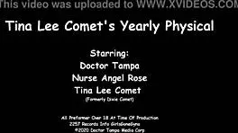 tina lee comet squirms during awkward gyno exam with doctor tampa. nurse angel rose assists at girlsgonegyno!