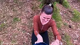 Russian couple captures unexpected intimate moment in the woods with ponytail and natural setting