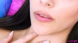 Enchanting brunette teen 18+ reveals sexy body during solo sofa photoshoot.