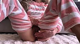 skinny teen in pajamas fingering hairy wet pussy close up and squirting orgasm 😏