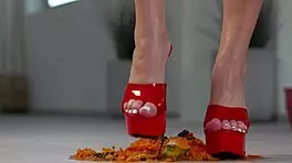 Petite Brunette Smashes Fruit with Sexy High Heels