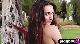 Petite brunette teen shows her big tits and ass outdoors