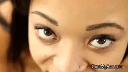 Perky ebony teen amateur blows black guy in thong during homemade POV casting