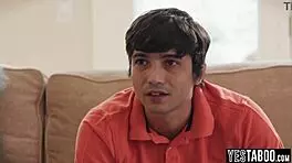 blonde milf stepmom with big boobs seduces horny teen 18+ stepson. she motivates him doggystyle for a job.