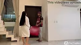 Brazilian teen in lingerie seduces delivery guy with blowjob and gets creampie.