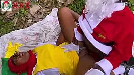 oh wow, african santa fucks horny stepdaughter with big cock in the bush on new year!