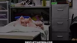 Cute blonde teen shoplifter gets strip searched and fucked by loss prevention officer after agreement. Evie Christian and Mike Mancini in action. 😏