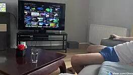 secretly jerking off behind big-tits stepmother while she cums in mouth 😏