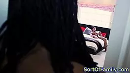 Ebony stepdaughter bent over, pussy fucked doggystyle with piercing and hairstyle.