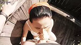 Risky outdoor facefuck with cum in throat at hunting tower by friends with long hair and brown eyes