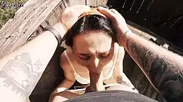 Risky outdoor facefuck with cum in throat at hunting tower by friends with long hair and brown eyes