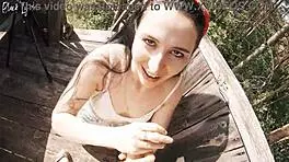 Risky outdoor facefuck with cum in throat at hunting tower by friends with long hair and brown eyes