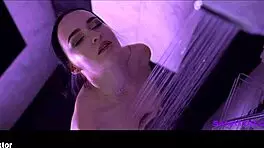 Sasha Sparrow strips and masturbates in the shower, teasing her small tits and wet pussy