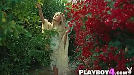 Petite Blonde Babe Eva Elfie Strips and Poses in Sexy Outdoor Costume