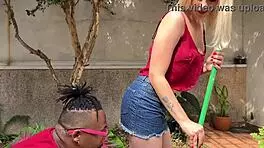 Hot Russian Blonde Teen Sweeps Yard While Black Cock Helps Interracially
