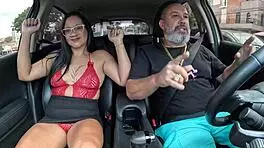 raquel milher gives her tight shaved pussy in the car for the first time, getting wet and spreading