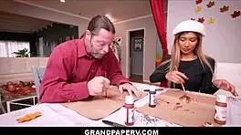 skinny asian teen stepgranddaughter fucked to orgasm by stepgrandpa while crafting