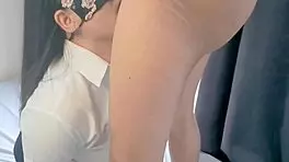 Asian babe in cute costume loves deepthroat and handjob with her amateur boyfriend.