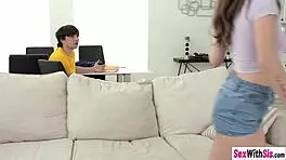 petite teen and hot stepsis share big cock stepbrother's fucking