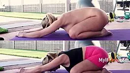 crystal clark leads yoga workout with parker ambrose, young stud licking her shaved pussy