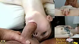 Vegas Starr arrives at the couch, oiled up for glass dildo play and bondage POV