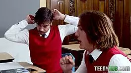 Teacher's pet teen turns classroom study into nasty threesome blowjob chaos