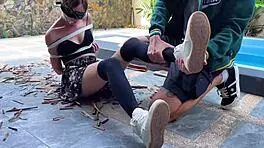 Hottie In Stockings Gets Tied And Tickled Outdoors