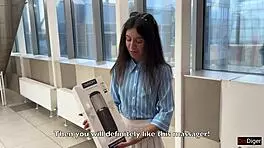 Brunette Babe Gets Powerful Cumshot from Svakom Alex Neo 2 Toy in Public