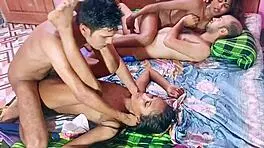 Two Brunette Teens Suck and Bang in Wild Foursome