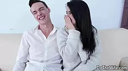 petite wife nicole black rides dick next to her cuckold husband