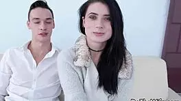 petite wife nicole black rides dick next to her cuckold husband