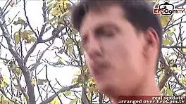 Brunette milf with small tits fucks outdoor