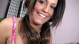 Round ass tanned girl talks into first creampie casting