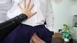 Roommate in leather outfit gives teen blowjob in dorm pov