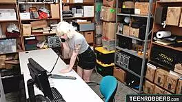 Blonde teen burglar gets licked at office work