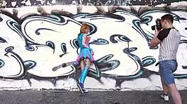 i'm kira roller, this tattooed redhead fuckin in a colorful outfit, cummin on tits.