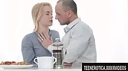 Small breasted blonde babe gives a bj and gets drilled