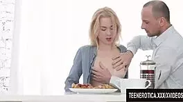 Small breasted blonde babe gives a bj and gets drilled