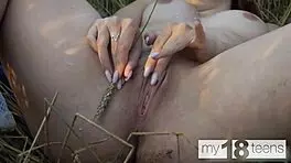 Cute My18Teen Girl Masturbates Pussy in Field. Solo Redhead Enjoys Outdoor Fingering.