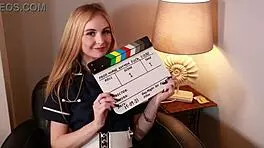 Hot college brunette cums hard in sexy uniform